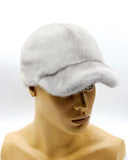 Man wearing sapphire mink fur baseball cap side view