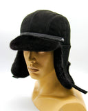 Angled view bill ushanka with mink earflaps down