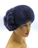 Mink fur beret applique graphite blue three-quarter left view showing flower position on crown