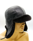 Side view mink leather bill ushanka earflaps down