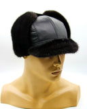 Side profile black mink and leather ushanka with structured bill