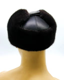 Back view black mink leather ushanka showing crown structure