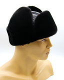 Angled front view mink fur hat leather ushanka
