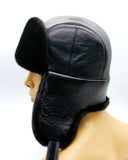 Back view mink leather ushanka earflaps up position
