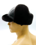 Three-quarter view mink fur leather ushanka with bill