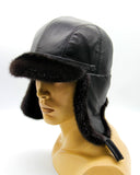 Angled view bill ushanka with mink earflaps down