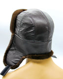 Mink leather ushanka front view earflaps up position