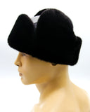 Side angle view mink leather fur hat ushanka