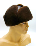 Light brown mink fur hat and leather ushanka front view