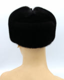 Angled view showing black mink ushanka full ear coverage