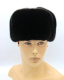 Three-quarter view of handcrafted black mink fur ushanka
