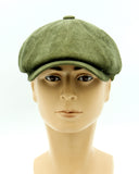 Olive velvet newsboy cap side profile on mannequin
