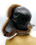 Angled three-quarter view raccoon fur ushanka