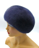Real mink fur beret for women dark blue-grey front view showing dense mink pile and crown depth