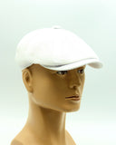 White linen baker boy cap front view on mannequin