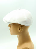 White linen newsboy cap side profile mannequin close-up