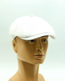 White linen newsboy hat side angle on mannequin