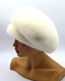 White mink fur winter beret right profile showing crown coverage depth and pearlescent fur color