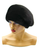 Women's real mink beret black gathered three-quarter right view showing natural fur sheen on tucks
