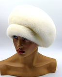 Women's real mink fur beret white front view showing full rounded crown and natural fur sheen